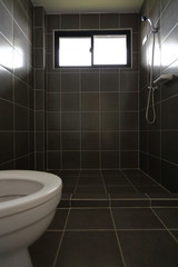 modern design of small bathroom with white lavatory water closet and used black tile wall and floor
