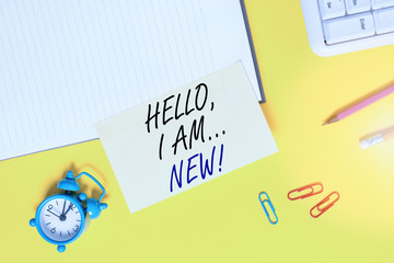 Writing note showing Hello I Am New. Business concept for used greeting or begin telephone...