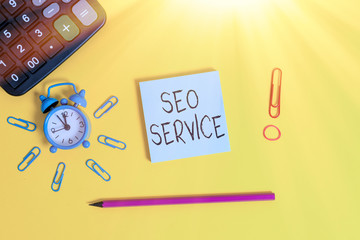 Word writing text Seo Service. Business photo showcasing techniques and procedures to increase the...