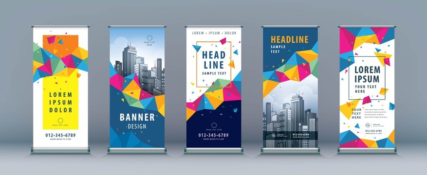 Business Roll Up Set. Standee Design. Banner Template, Abstract Colorful Geometric Polygon