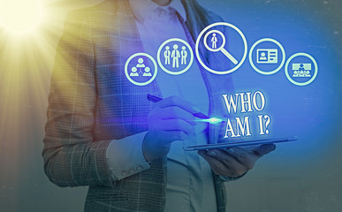 Text sign showing Who Am I Question. Business photo showcasing asking about self identity or...