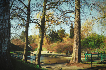 Cityscape square with Lake in a park in Europe in Poland