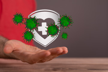 Hologram of coronavirus COVID-2019 on a protection futuristic background. Deadly type of virus...