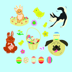 Cute dog, chicken and rabbit on a blue background. Symbols of the Easter holiday. Spring Flower.