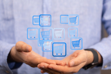 Online shopping business concept selecting shopping cart.