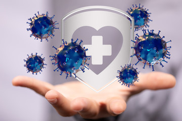 Hologram of coronavirus COVID-2019 on a protection futuristic background. Deadly type of virus...
