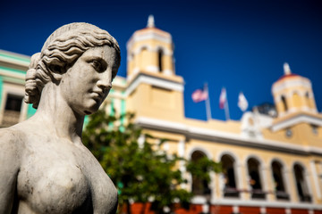 A statue in front of the Plaza de Armas in Viejo San Juan, Puerto Rico.