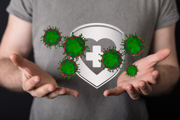 Hologram of coronavirus COVID-2019 on a protection futuristic background. Deadly type of virus...