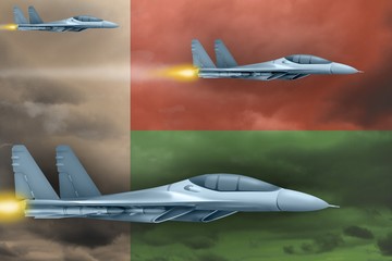 Madagascar air forces strike concept. Air planes attack on Madagascar flag background. 3d Illustration