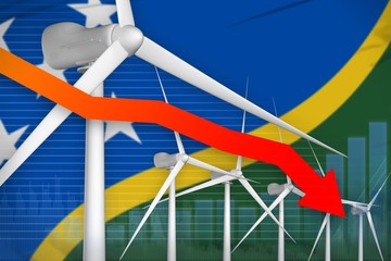 Solomon Islands wind energy power lowering chart, arrow down - green natural energy industrial illustration. 3D Illustration