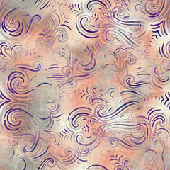 Seamless purple and peach ombre fade painterly watercolor wash grungy random jumbled damask pattern graphic design. Seamless repeat raster jpg pattern swatch.