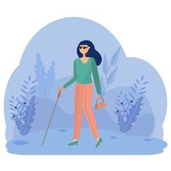 Blind Woman in vector design, Young Person With Disability Living Full Live. Activity concept in flat style