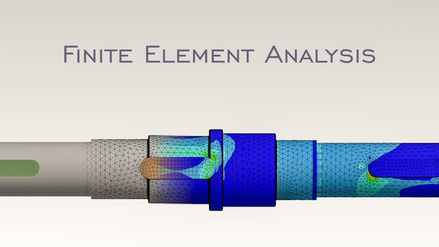 Axle engineering with finite element analysis and transition between geometry, mesh and von mises stress plot. With Finite Element Analysis written on top