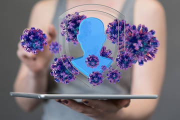 Hologram of coronavirus COVID-2019 on a blue futuristic background. Deadly type of virus 2019-nCoV....