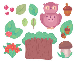 Colorful clipart set with violet owl, forest tree, leaves, brown mushroom, acorn, red berry vector objects isolated on white background.