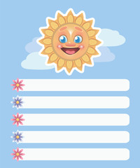 Vector light blue five-point list with white stripes with flowers and a bright yellow smiling sun and clouds.