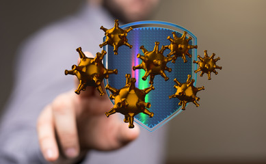 Hologram of coronavirus COVID-2019 on a protection futuristic background. Deadly type of virus...