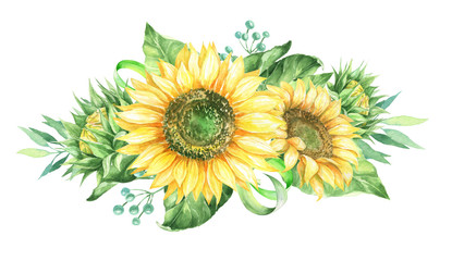 Watercolor composition of sunflower flowers.