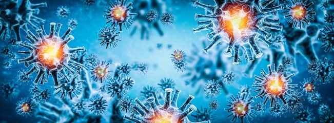 Image of flu COVID-19 virus cell. Coronavirus Covid 19 outbreak influenza background. - obrazy, fototapety, plakaty