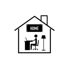 Flat design for work from home icon. Comprised of people, desks, chairs, notebooks, floor lamp and labels written with text “home”.