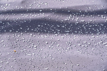 Plakat Hintergrund, Textur, Template: Wassertropfen auf grauer Plane mit Schattenwurf und Tiefenunschärfe, Nahaufnahme