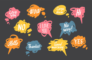 Set of speech bubbles. Blank empty doodle vector white speech bubbles. Cartoon balloon word design.