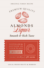 Family Recipe Almonds Liquor Acohol Label. Abstract Vector Packaging Design Layout. Modern Typography Banner with Hand Drawn Nuts Silhouette Logo and Background.