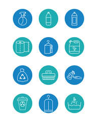 spray bottles and cleaning tools icon set, block style