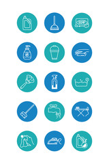 broom and cleaning elements icon set, block style