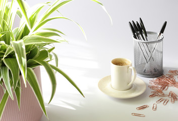 Home office place with stationary, cup of coffee on pastel color background. Home office working station concept