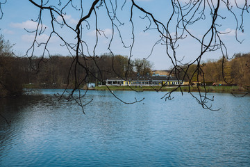Scenic restaurant on the other side of a lake