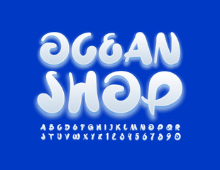 Vector modern logo Ocean Shop. Creative glow Font. Handwritten white Alphabet Letters and Numbers