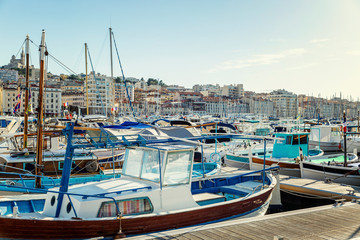 Beautiful snow-white yachts in a marina in the old port of Marseille.