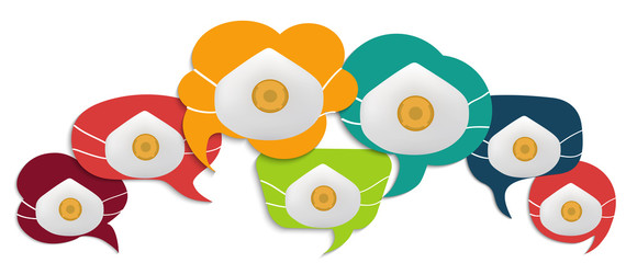 Fototapeta premium Colored speech bubble with medical mask. Communication concept. Social network. Colored cloud. Speak - discussion - chat. Coronavirus. Communicate. Friendship and dialogue diverse cultures