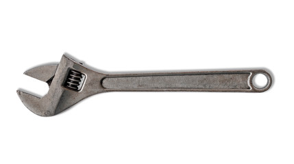 clipping path, old adjustable wrench isolated white background.