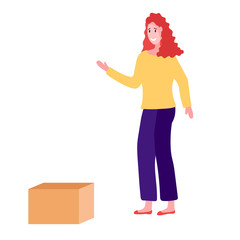 Vector illustration, isolated on white. Young woman receiving parcel without courier, concept of social distancing during quarantine. No contact delivery.