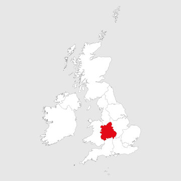 West midlands map highlighted red on united kingdom political map. Light gray background. Perfect for Business concepts, backgrounds, backdrop, chart, label, sticker, banner and wallpapers.