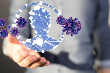 Hologram of coronavirus COVID-2019 on a blue futuristic background. Deadly type of virus 2019-nCoV....