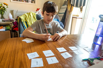 A boy is learning about fractions at home doing maths homework which has been sent during the...