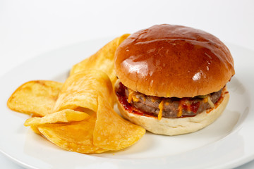 burger with chips