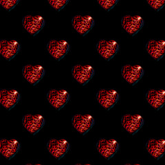 Shameless pattern of 3D hearts. Beautiful heart made of fractal abstract patterns and interweaving of lines on a black background