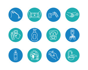 detergent bottle and cleaning tools icon set, block style