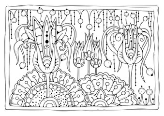 Hand drawn backdrop. Coloring book, page for adult and older children. Black and white abstract floral pattern. Vector illustration. 