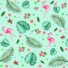background with flamingos and tropical leaves and flowers