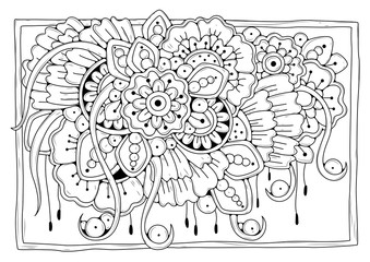 Hand drawn backdrop. Coloring book, page for adult and older children. Black and white abstract floral pattern. Vector illustration. 