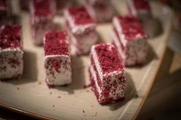 Delicious pieces of fresh at tasty cream cake