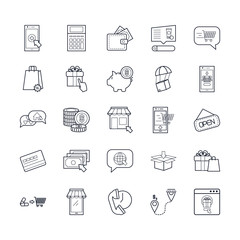 piggy bank and shopping online icon set, line style