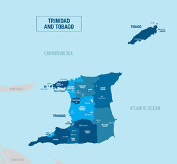 Trinidad and Tobago island political map. Detailed vector illustration with isolated provinces, departments and cities.