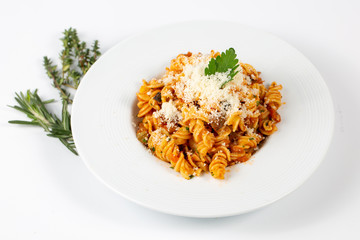 Fresh Bolognese pasta in a white plate