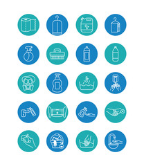 mouth mask and cleaning elements icon set, block style